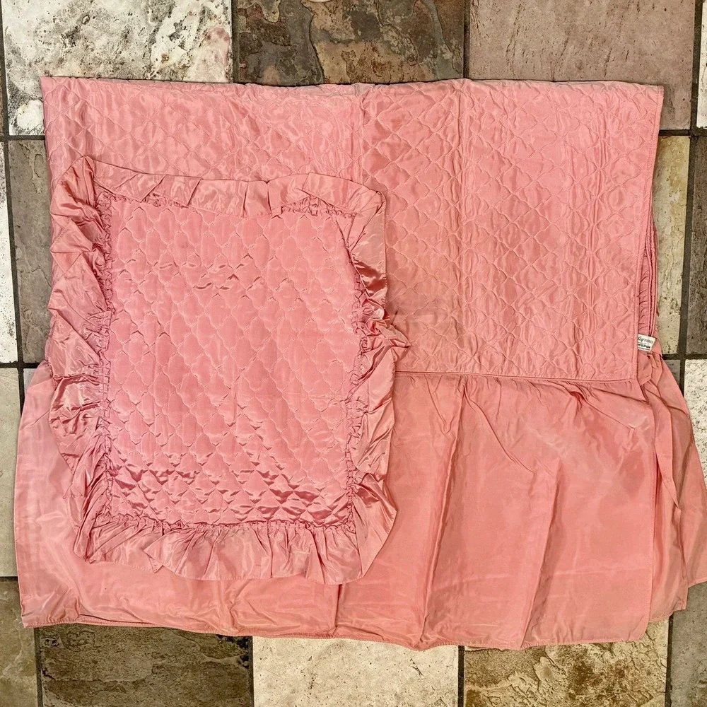 VTG‎ 50s MCM Hollywood Regency Pink Quilted Top Ruffle Sides TWIN Bedspread Sham